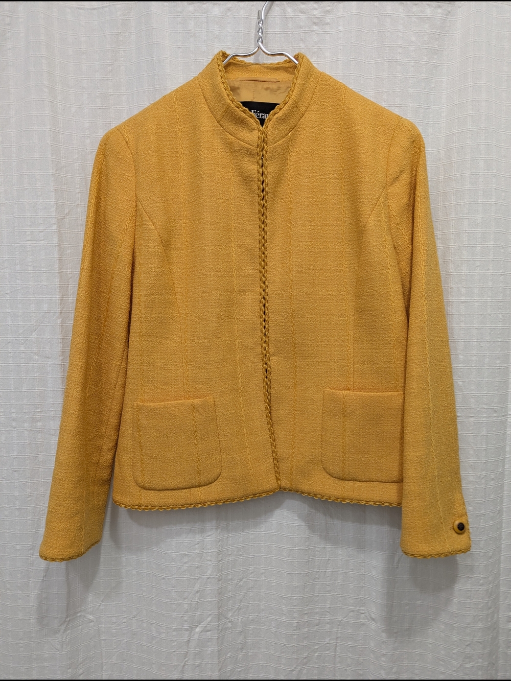 Louis Feraud Vintage Marigold Wool Tweed Blazer Braided Trim Mandarin Collar